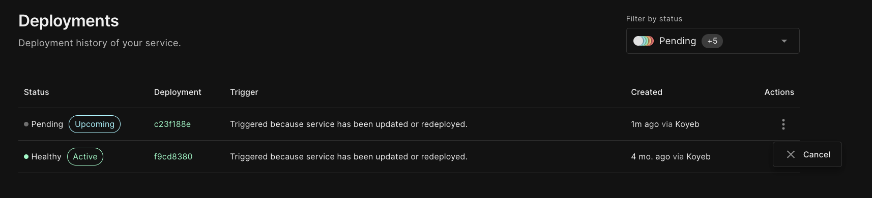 New Node.js and Maven versions, cancel deployments, deactivation, and Grafana tutorial
